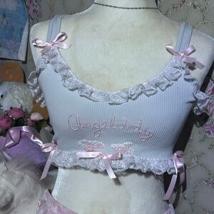 Angel baby 🎀🪽 ooak crop top bralette embroidered  dolly  pink bows pretty